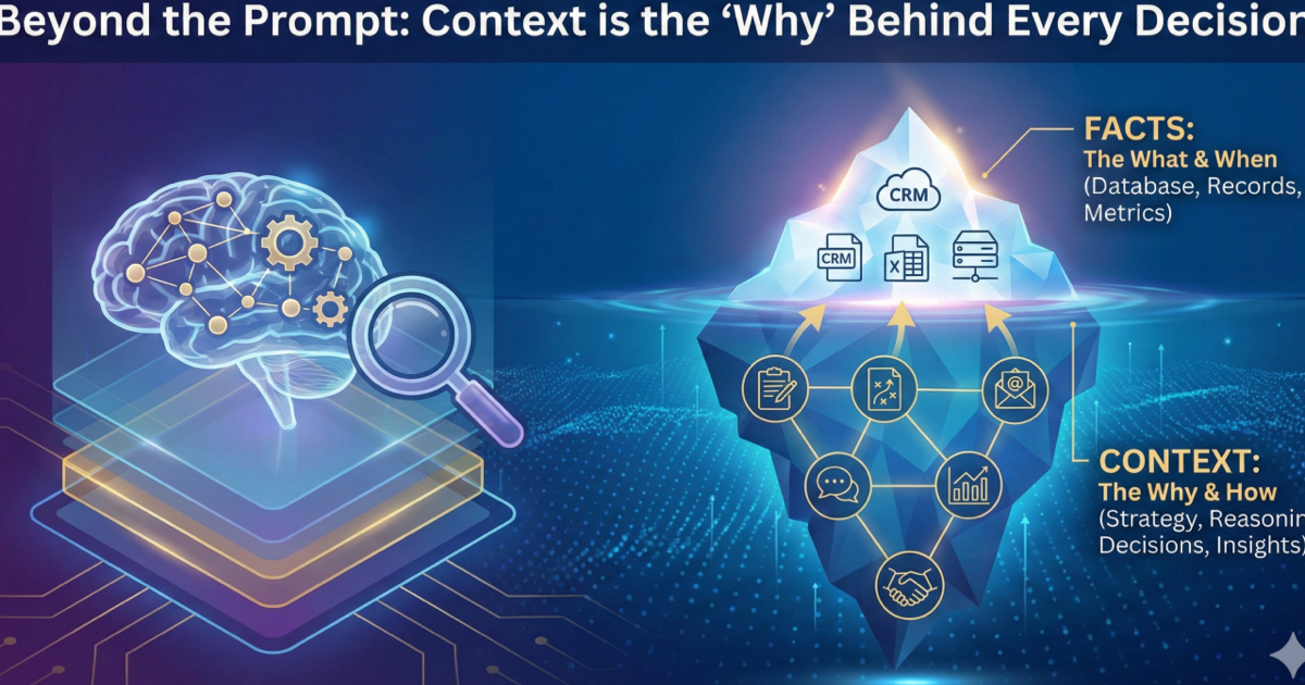 A blue iceberg-style context engineering illustration showing facts above the surface and deeper context below it.
