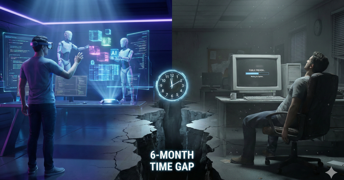 A split scene showing a modern AI development environment on one side and an outdated IDE public preview screen on the other, divided by a six-month time gap.