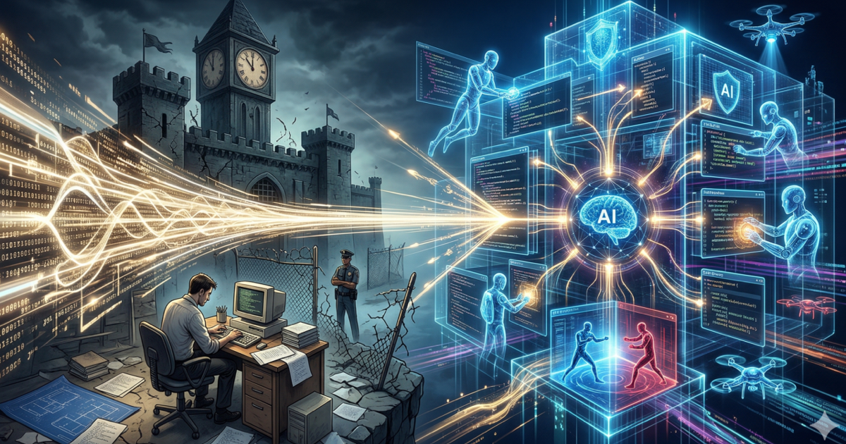 A split scene showing an old fortified system under attack on the left and an AI-powered defensive architecture on the right.