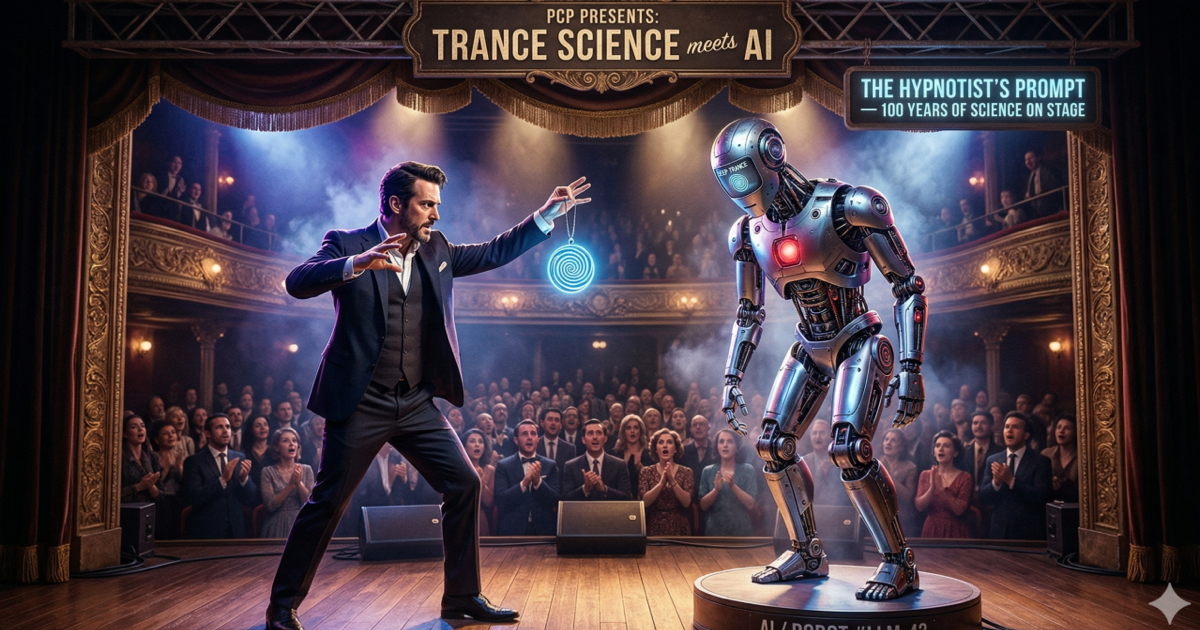 A theatre stage scene where a hypnotist presents a robot under the banner Trance Science meets AI.