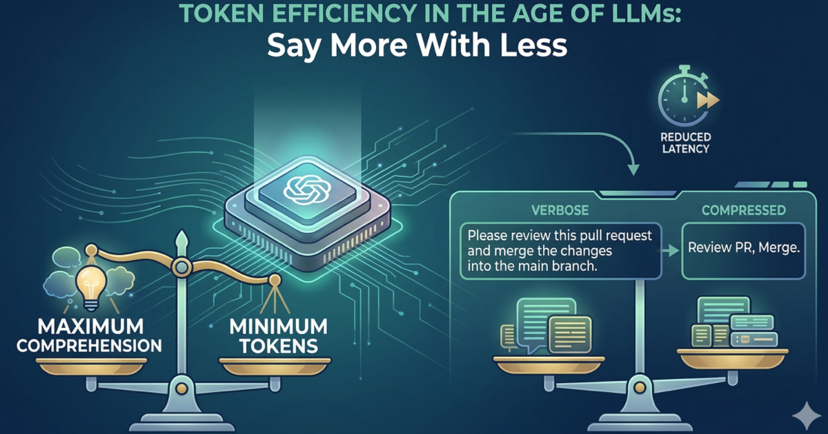 A blue technical illustration about token efficiency in LLMs, showing compression, reduced latency, and a balance between maximum comprehension and minimum tokens.