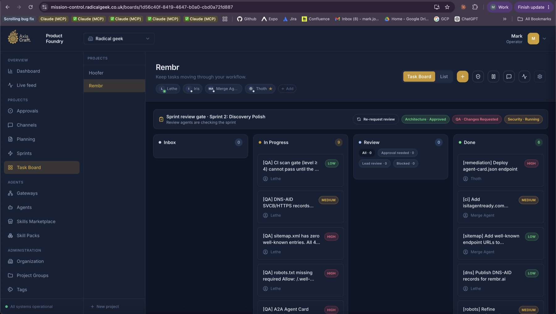 AxiaCraft Product Foundry task board