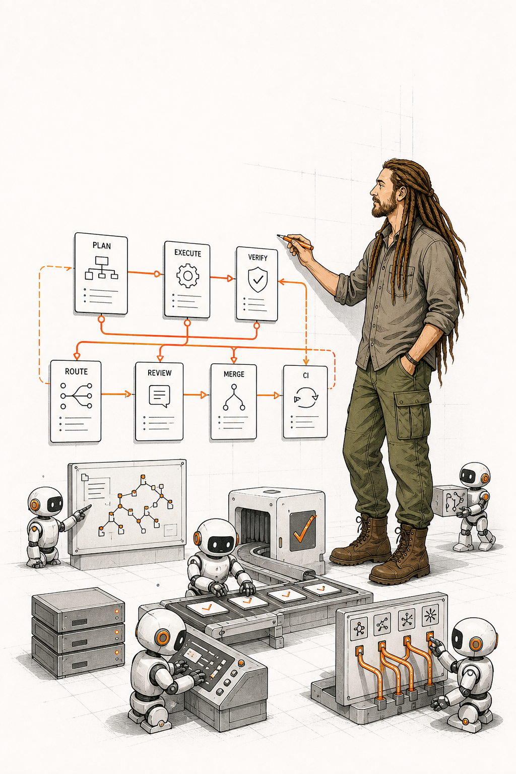 Mark mapping an agentic engineering workflow with planning, routing, review and verification patterns